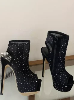 Bottines sexy pour femmes plateforme en résille bout ouvert strass talons hauts
