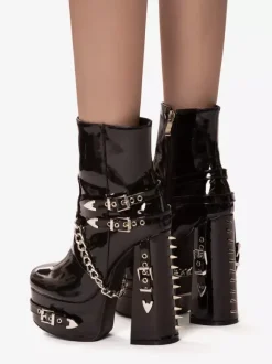 Bottines vernies à bout rond en PU pour femmes