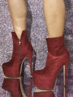 Bottines bordeaux en daim bout rond plateforme bottines à talons hauts