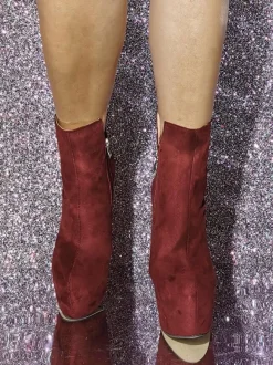Bottines bordeaux en daim bout rond plateforme bottines à talons hauts