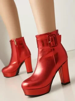 Bottines à boucle roses pour femmes bottines à bout rond et talon épais