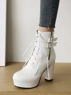 Bottines à bout rond blanches pour femmes Bottines à talon épais