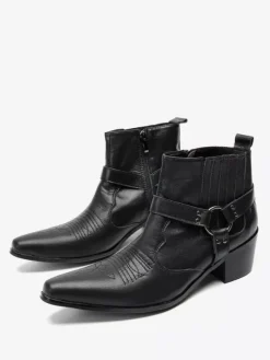 Bottines Chelsea Hommes En Cuir De Vachette Noir À Bout Pointu Vintage