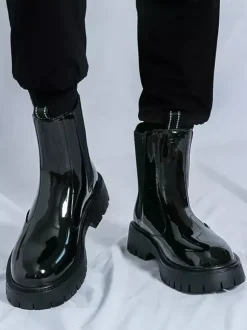 Bottines Chelsea à plateforme pour homme bout rond semelle épaisse en cuir verni brillant à enfiler