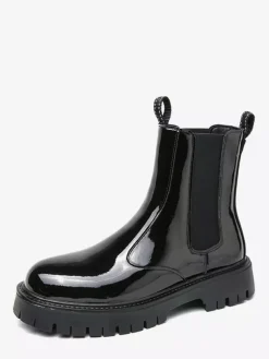 Bottines Chelsea à plateforme pour homme bout rond semelle épaisse en cuir verni brillant à enfiler