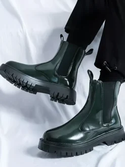 Bottines Chelsea à plateforme pour homme bout rond semelle épaisse en cuir verni brillant à enfiler
