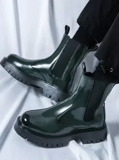 Bottines Chelsea à plateforme pour homme bout rond semelle épaisse en cuir verni brillant à enfiler