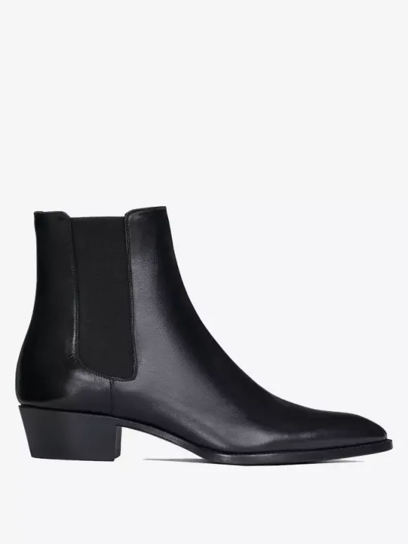 Bottines Chelsea pour homme en cuir véritable bout rond à enfiler et talon épais.