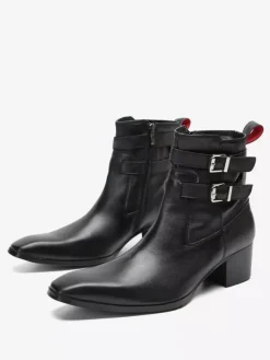 Bottines Chelsea pour hommes en cuir de vache noir à bout pointu et boucle pour bal de promo