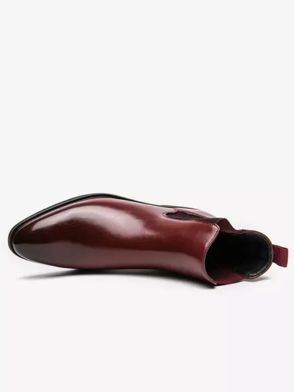 Bottines Chelsea rouge vin pour homme bout pointu talon bas élastiques style décontracté à enfiler