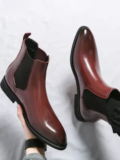Bottines Chelsea rouge vin pour homme bout pointu talon bas élastiques style décontracté à enfiler