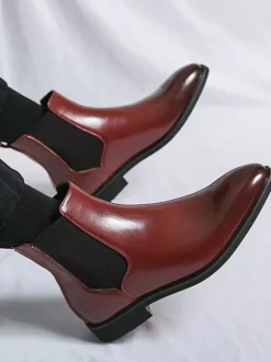 Bottines Chelsea rouge vin pour homme bout pointu talon bas élastiques style décontracté à enfiler