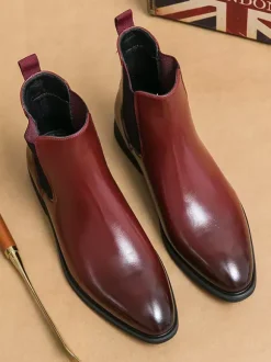 Bottines Chelsea rouge vin pour homme bout pointu talon bas élastiques style décontracté à enfiler