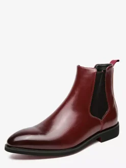 Bottines Chelsea rouge vin pour homme bout pointu talon bas élastiques style décontracté à enfiler