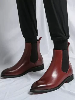 Bottines Chelsea rouge vin pour homme bout pointu talon bas élastiques style décontracté à enfiler
