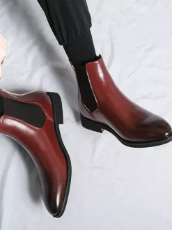 Bottines Chelsea rouge vin pour homme bout pointu talon bas élastiques style décontracté à enfiler