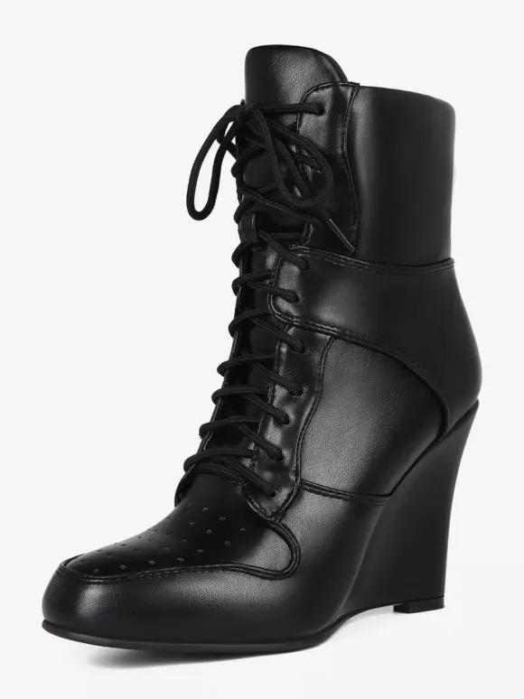 Bottines compensées noires à bout pointu et lacets pour femmes