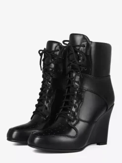 Bottines compensées noires à bout pointu et lacets pour femmes