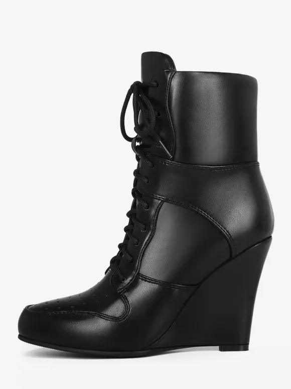Bottines compensées noires à bout pointu et lacets pour femmes