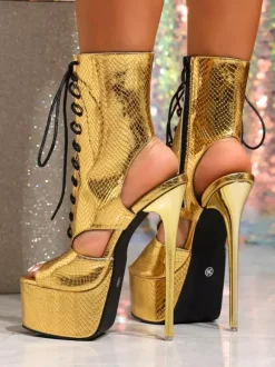 Bottines dorées à talons hauts pour femmes plateforme bout ouvert lacets chaussures sexy