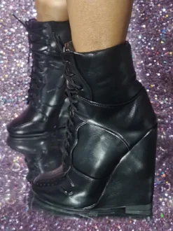 Bottines en cuir PU à bout rond et talon compensé pour femmes