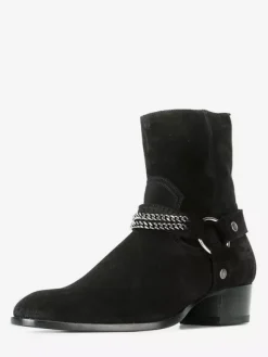 Bottines en daim noir pour homme style western à talon épais et détails en chaîne