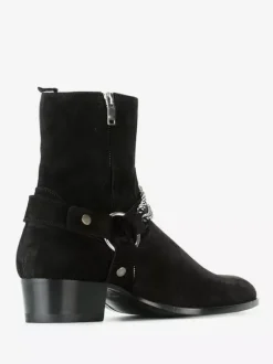 Bottines en daim noir pour homme style western à talon épais et détails en chaîne