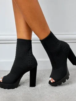 Bottines Eté Femme à Talons Hauts avec Bout Ouvert en Cuir Synthétique Unicolore