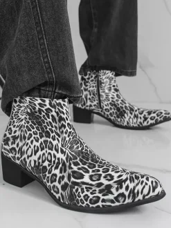Bottines homme à talon épais et bout rond style léopard
