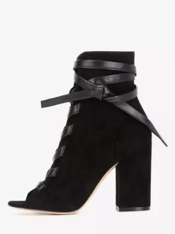Bottines à lacets en daim noir pour femmes bout ouvert talon épais