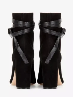 Bottines à lacets en daim noir pour femmes bout ouvert talon épais