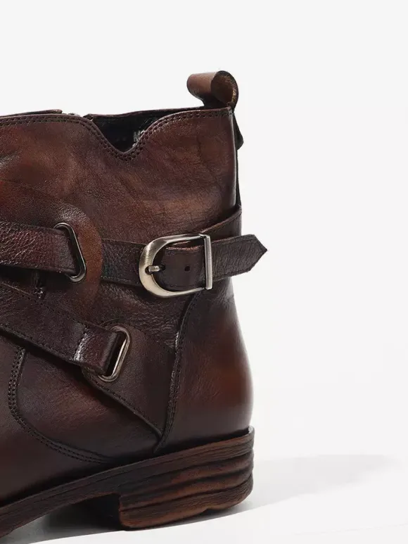 Bottines marron en cuir véritable bout rond fermeture éclair et boucle