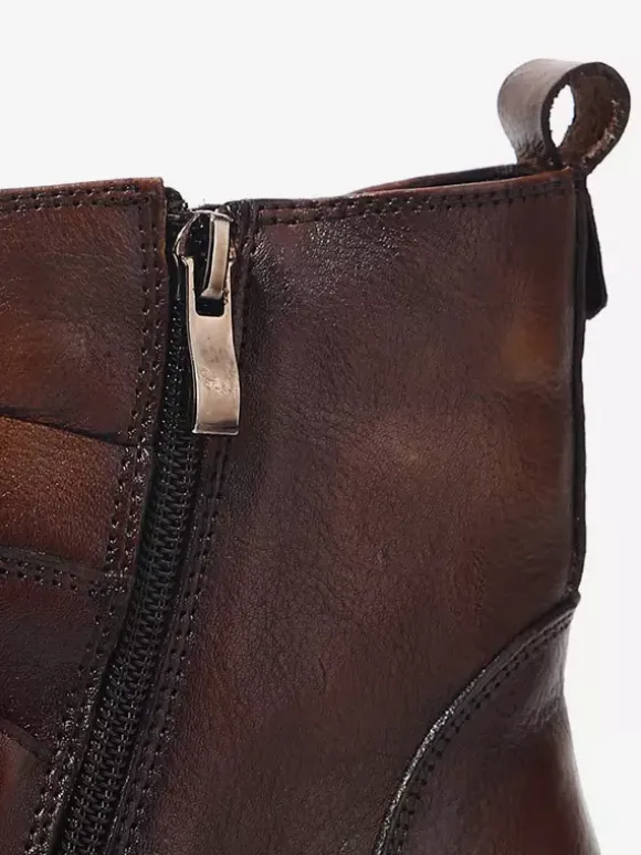 Bottines marron en cuir véritable bout rond fermeture éclair et boucle