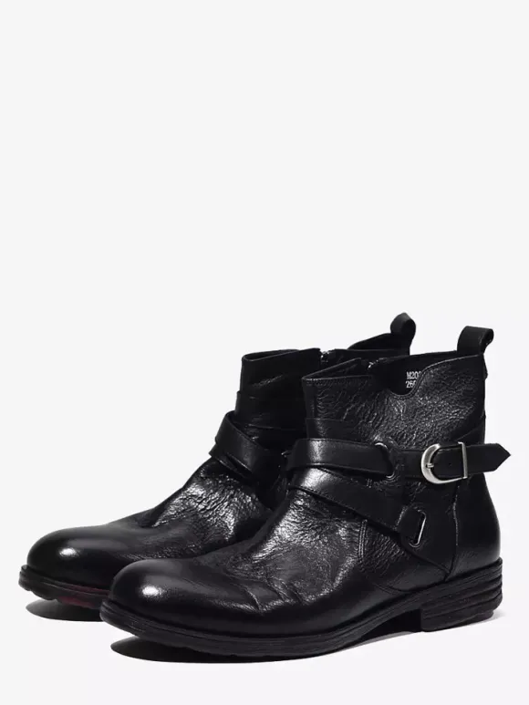 Bottines marron en cuir véritable bout rond fermeture éclair et boucle