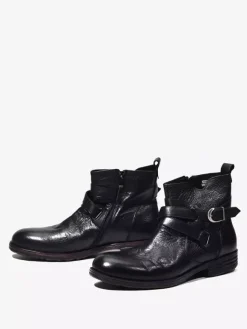 Bottines marron en cuir véritable bout rond fermeture éclair et boucle