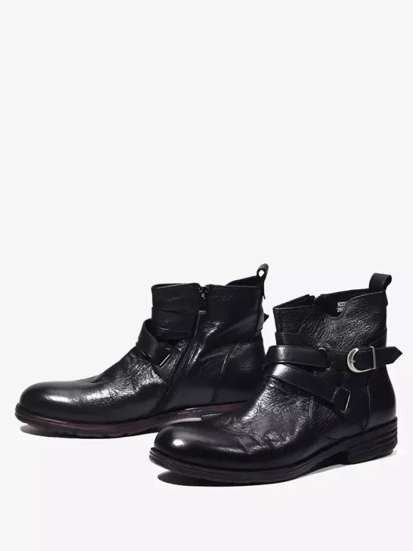 Bottines marron en cuir véritable bout rond fermeture éclair et boucle