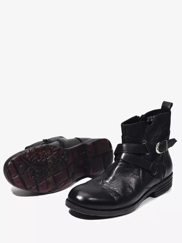 Bottines marron en cuir véritable bout rond fermeture éclair et boucle