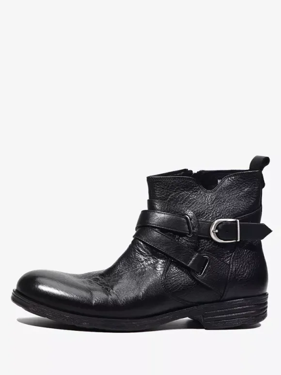 Bottines marron en cuir véritable bout rond fermeture éclair et boucle