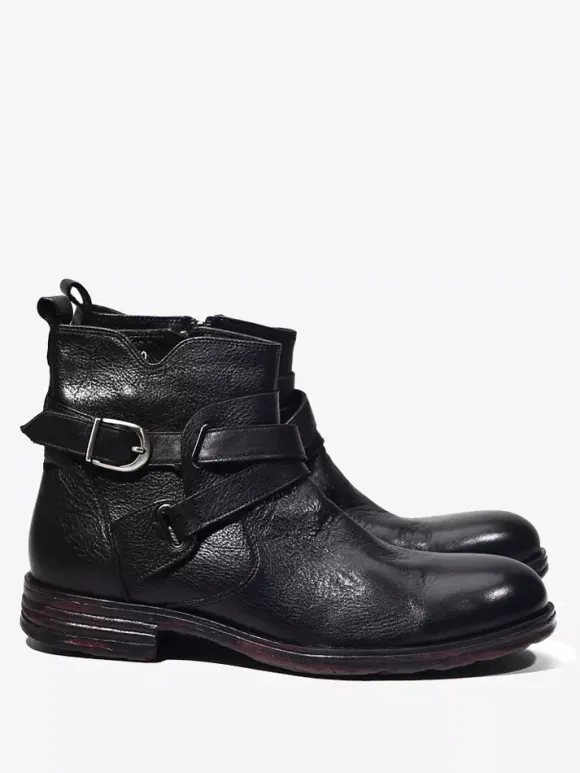 Bottines marron en cuir véritable bout rond fermeture éclair et boucle