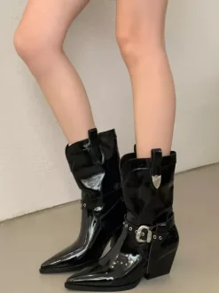 Bottines noires à bout pointu et talon épais pour femme