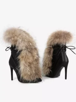 Bottines noires à bout pointu pour femme bottines à lacets en fourrure et talons hauts