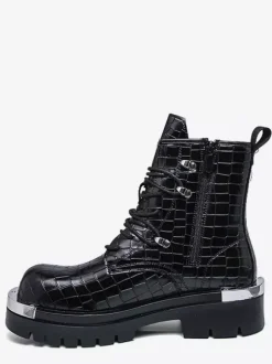 Bottines noires pour homme bout rond lacets motif pierre style combat