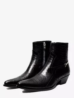 Bottines noires pour homme bout pointu motif serpent détail chaîne
