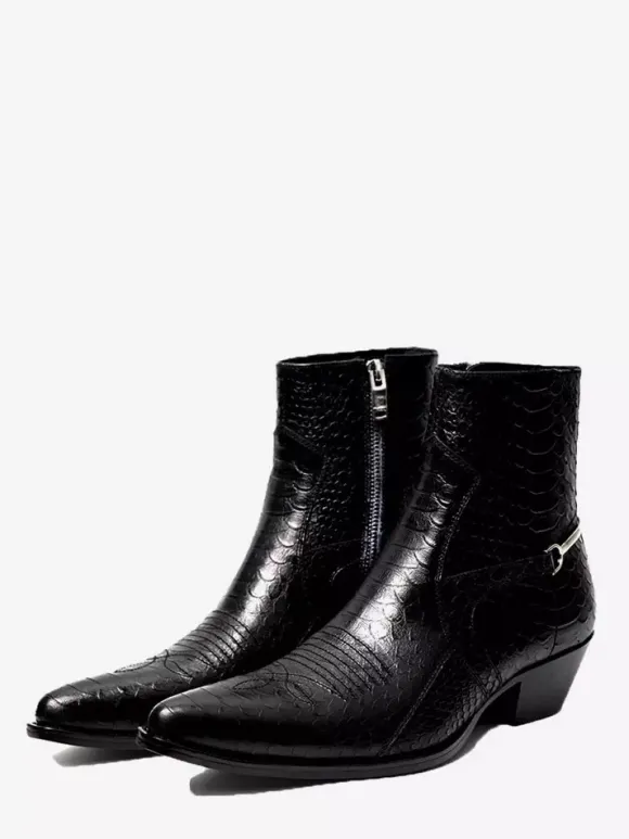 Bottines noires pour homme bout pointu motif serpent détail chaîne