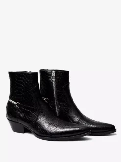 Bottines noires pour homme bout pointu motif serpent détail chaîne