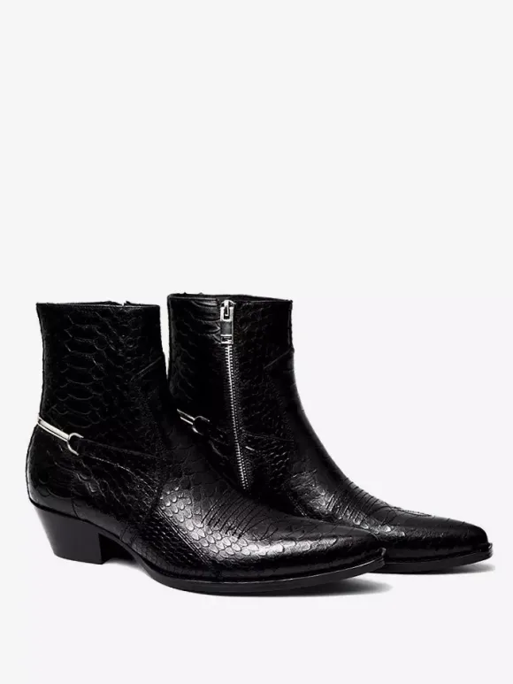 Bottines noires pour homme bout pointu motif serpent détail chaîne