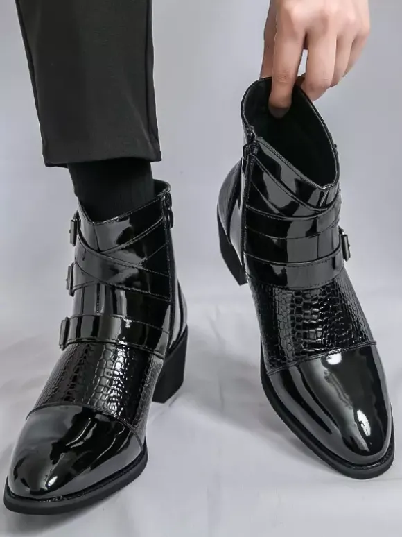 Bottines noires pour homme bout rond boucle et fermeture éclair
