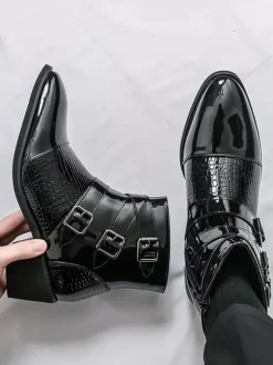 Bottines noires pour homme bout rond boucle et fermeture éclair