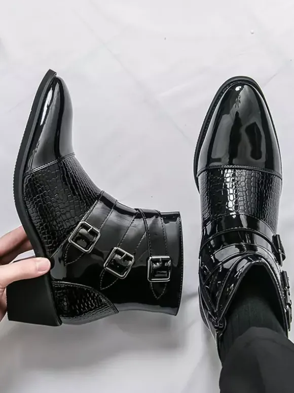 Bottines noires pour homme bout rond boucle et fermeture éclair