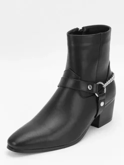 Bottines noires pour homme bout rond détail chaîne talon épais